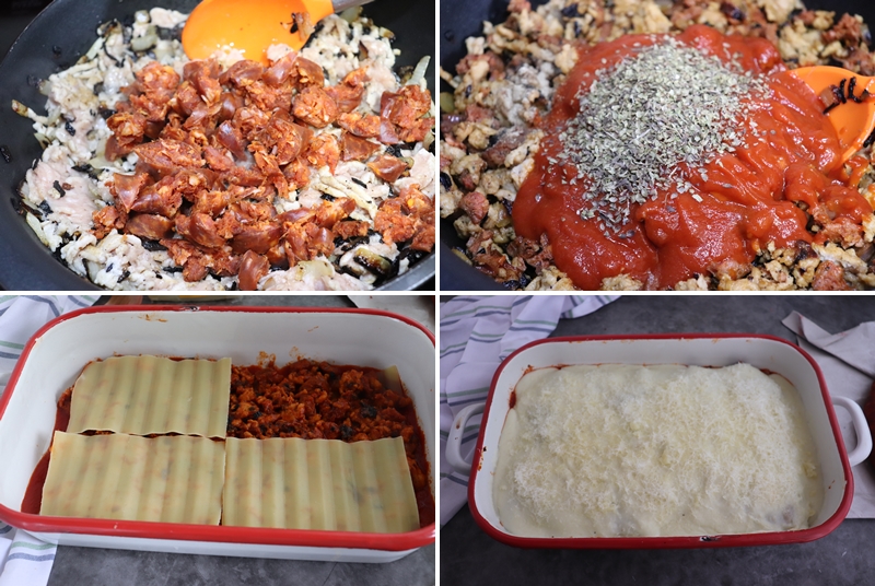 Lasaña de pollo y chorizo