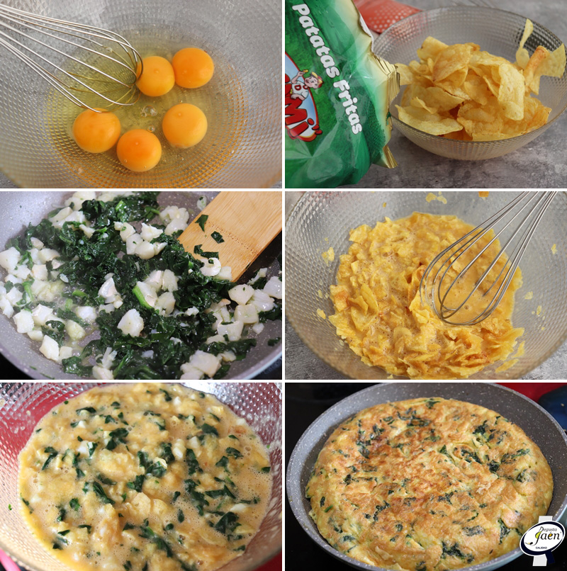 Tortilla de patatas fritas con espinacas y bacalao
