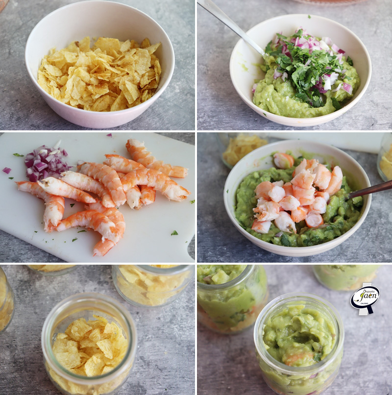 Vasitos de aguacate, langostinos y patatas fritas Degusta Jaén