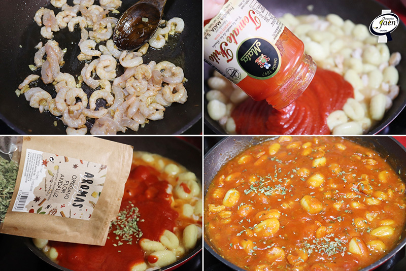 Ñoquis con gambas y tomate frito