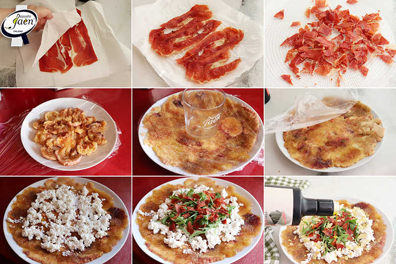 Carpaccio de brevas con requesón y crujiente de jamón